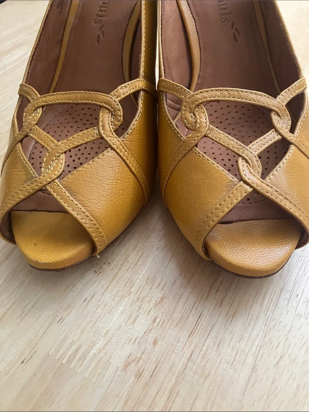gentle souls Mustard Yellow Leather Slingback Peep-Toe Heels